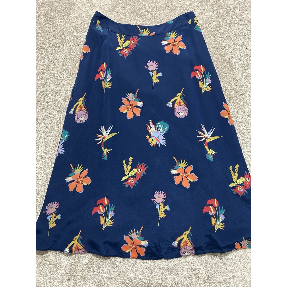 Madewell Women's 4 Atrium Silk Midi Skirt Bird of Paradise Floral Navy A-Line - Picture 2 of 11